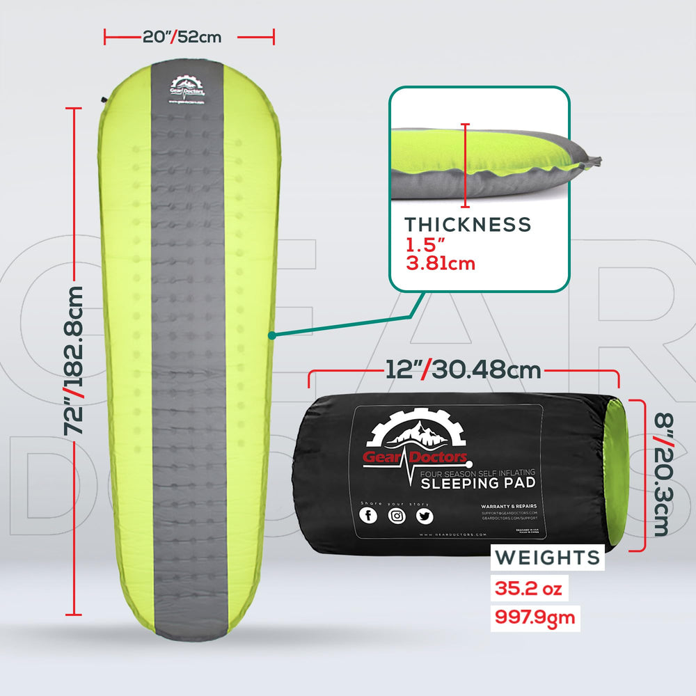 Gear Doctors self-inflating sleeping pad packed compact for backpacking and travel.