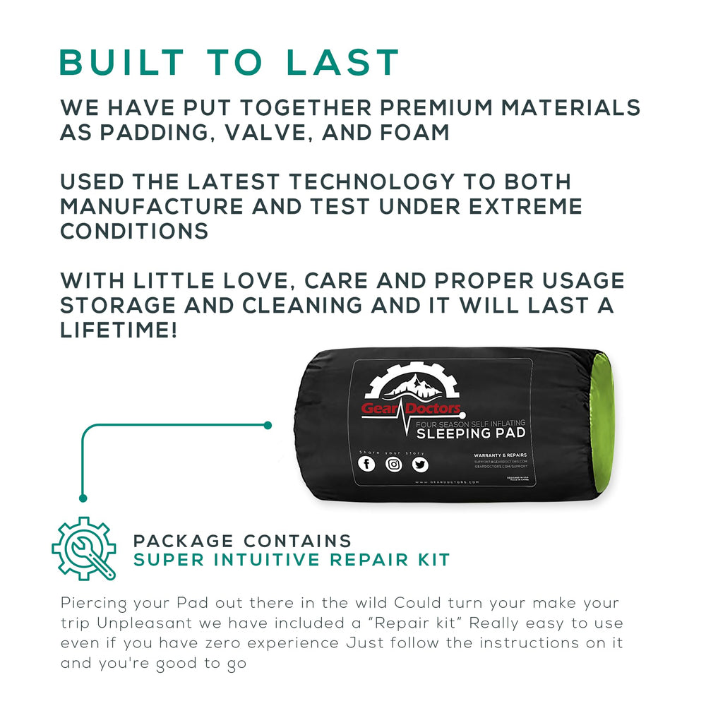 Gear Doctors self-inflating sleeping pad backed by lifetime support and responsive service.