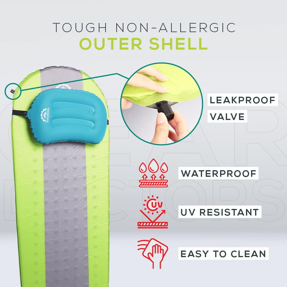 Gear Doctors sleeping pad outer shell hypoallergenic and water resistant for itch-free nights.