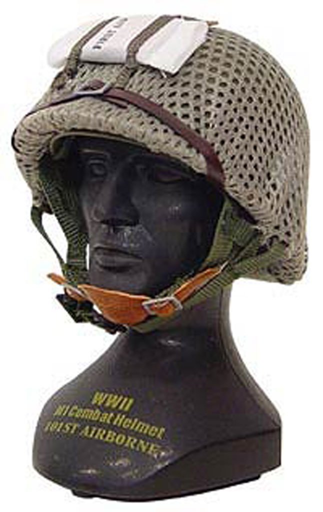 Gearbox 101st Airborne helmet display on stand for authentic military decor.