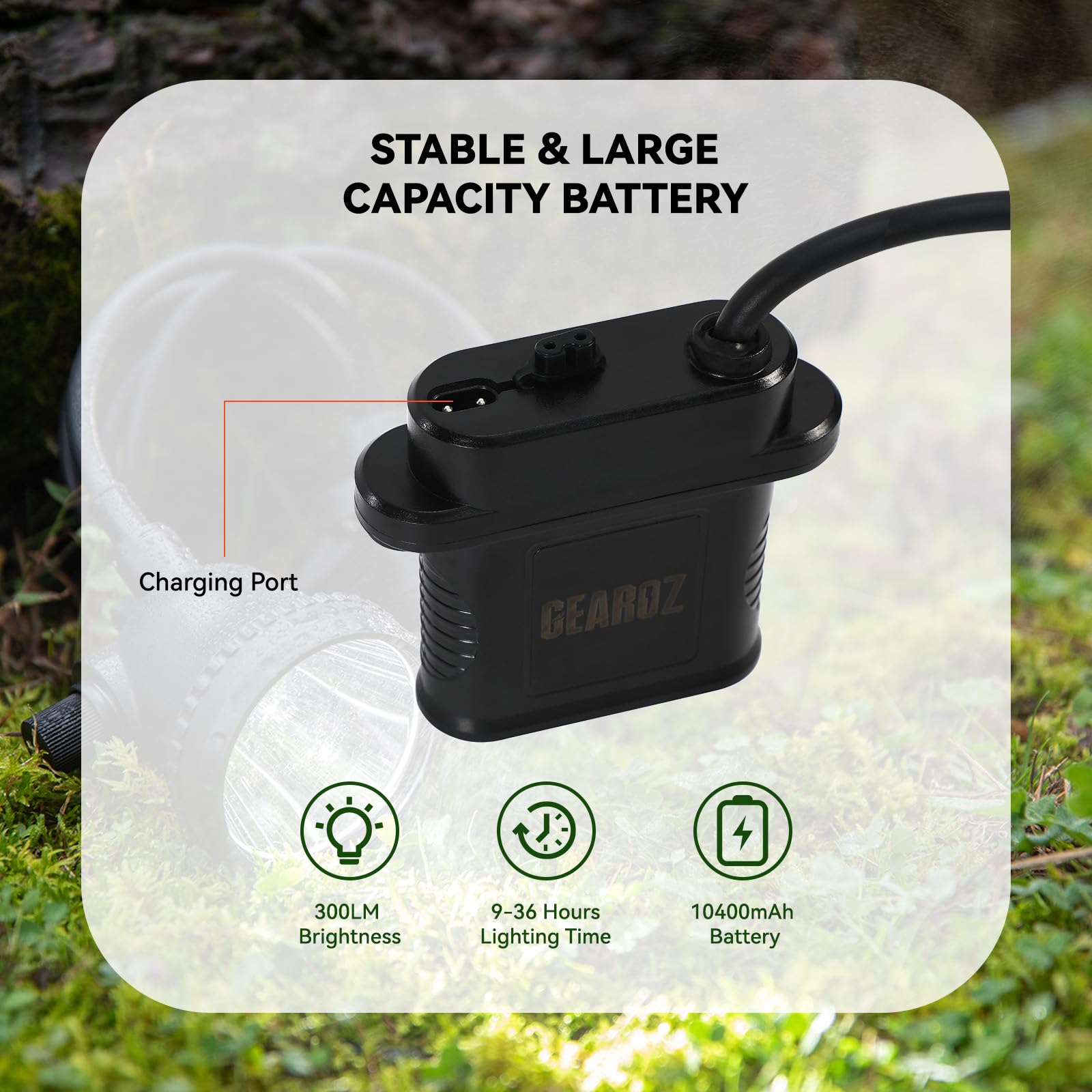GearOZ 10400mAh rechargeable battery powers extended hunts.