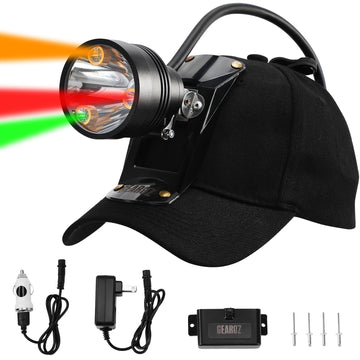 GearOZ 10W headlamp worn on helmet delivers hands-free long-range illumination for night hunting.
