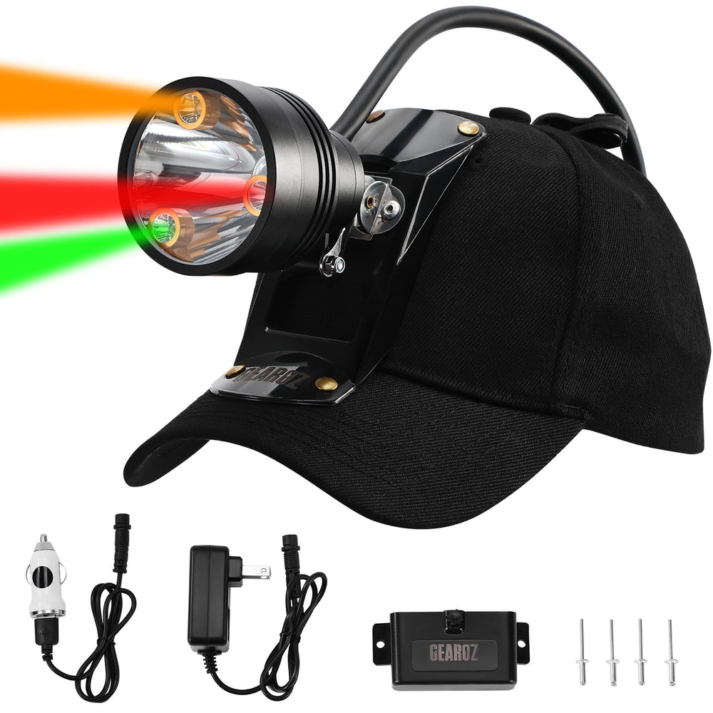 GearOZ 10W headlamp worn on helmet delivers hands-free long-range illumination for night hunting.