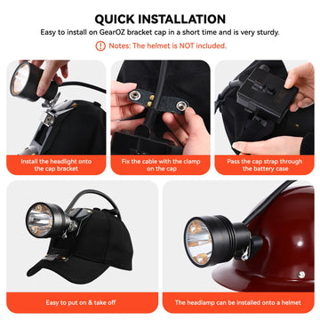 GearOZ headlamp charging cable included for convenient home and car recharges.