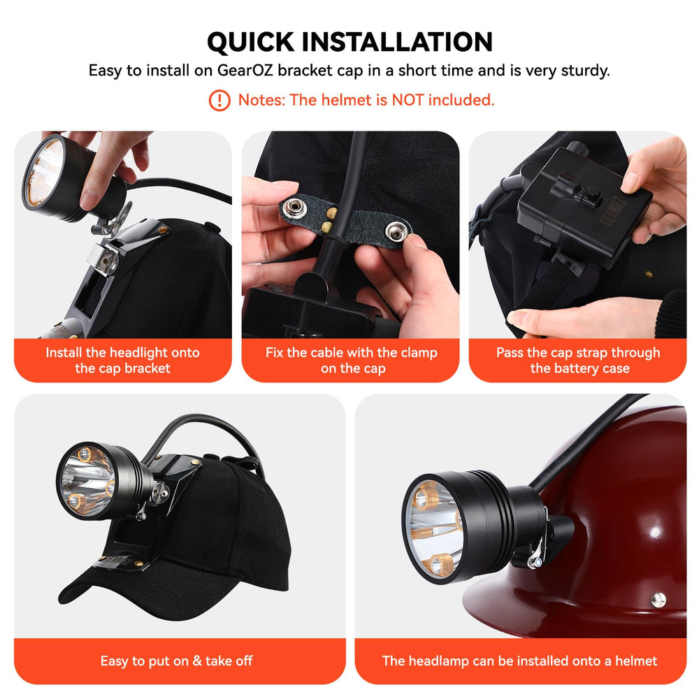 GearOZ headlamp charging cable included for convenient home and car recharges.