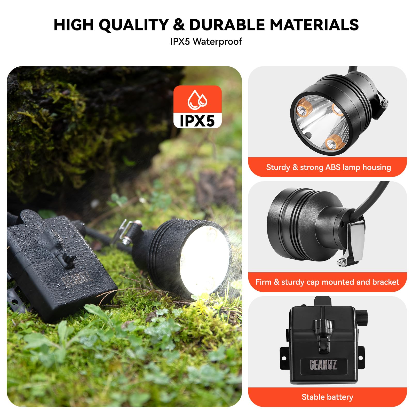 GearOZ headlamp IPX5 waterproof shell withstands rain and rugged terrain
