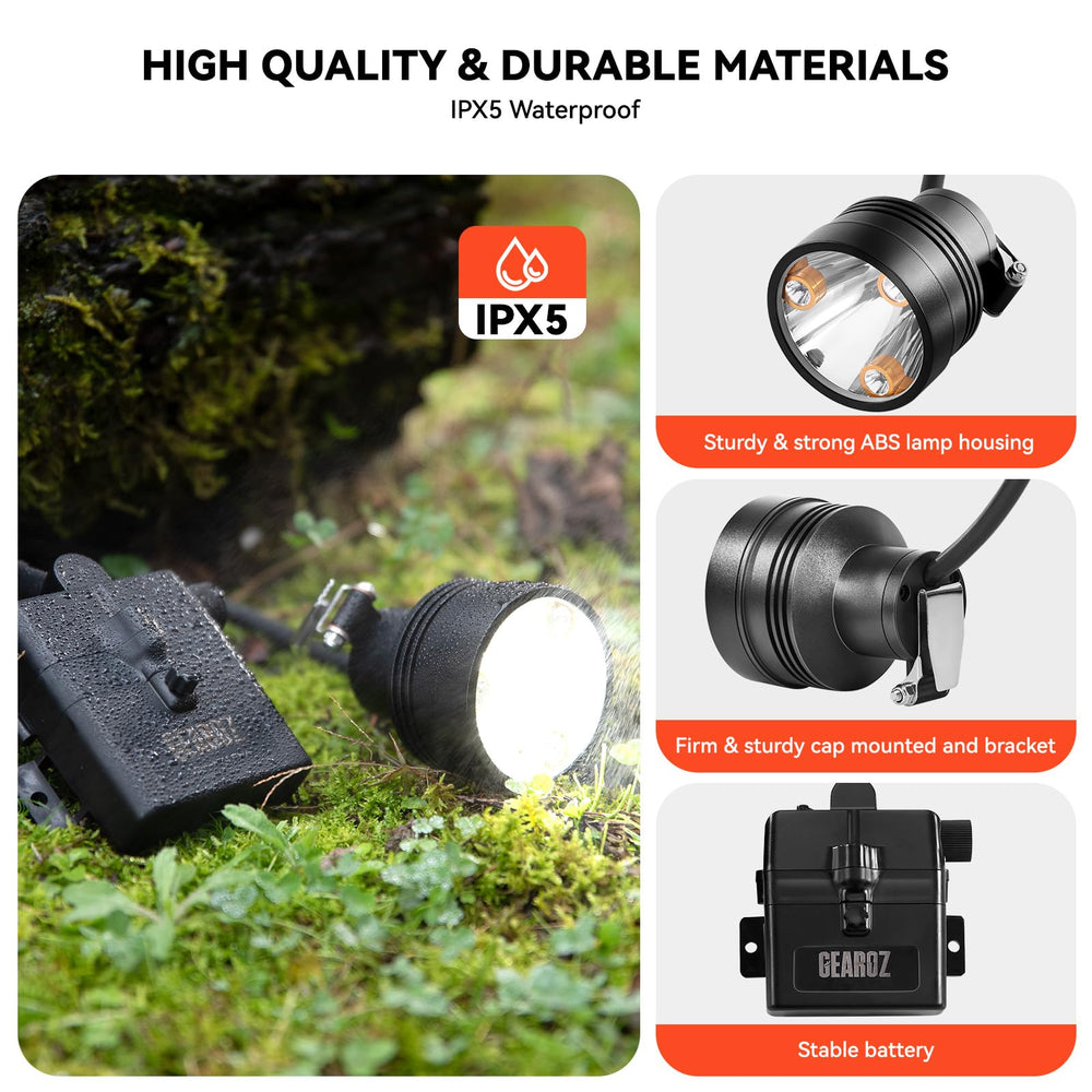 GearOZ headlamp IPX5 waterproof shell withstands rain and rugged terrain