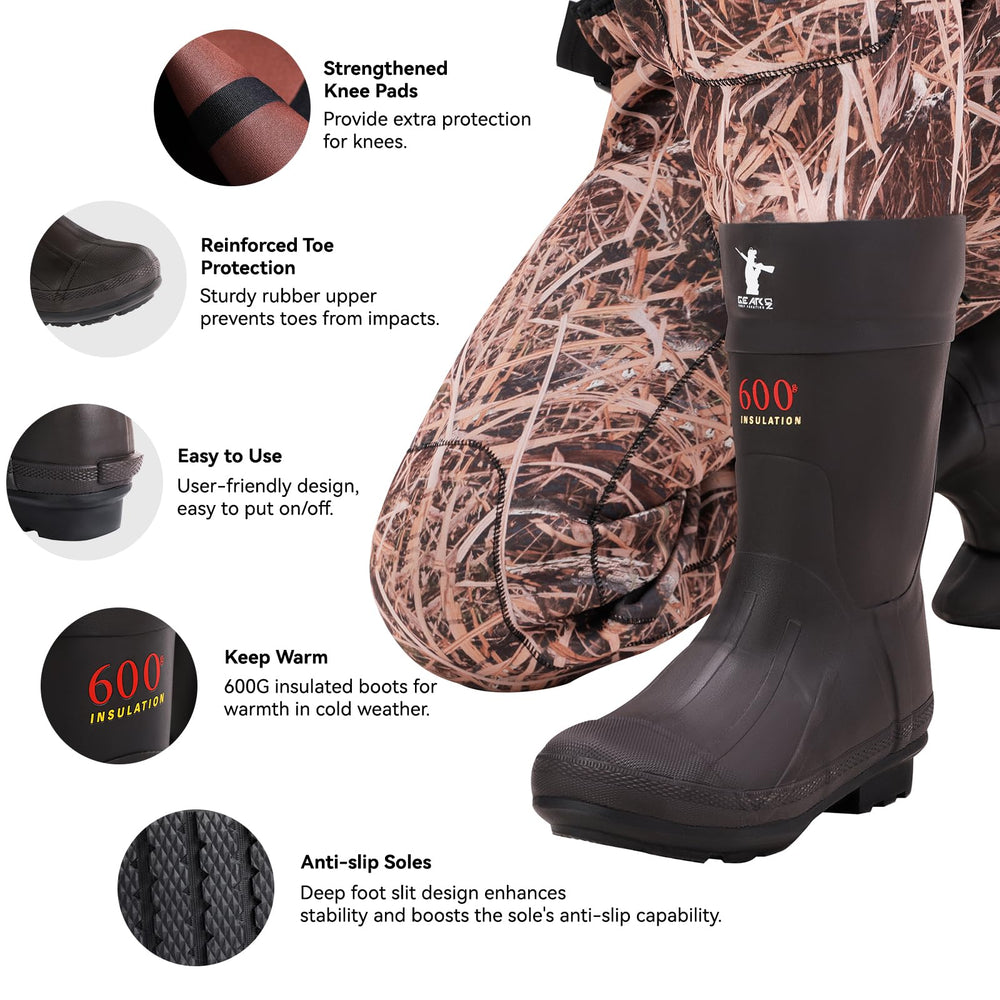 GearOZ insulated bootfoot waders with 600g insulation keep feet warm.