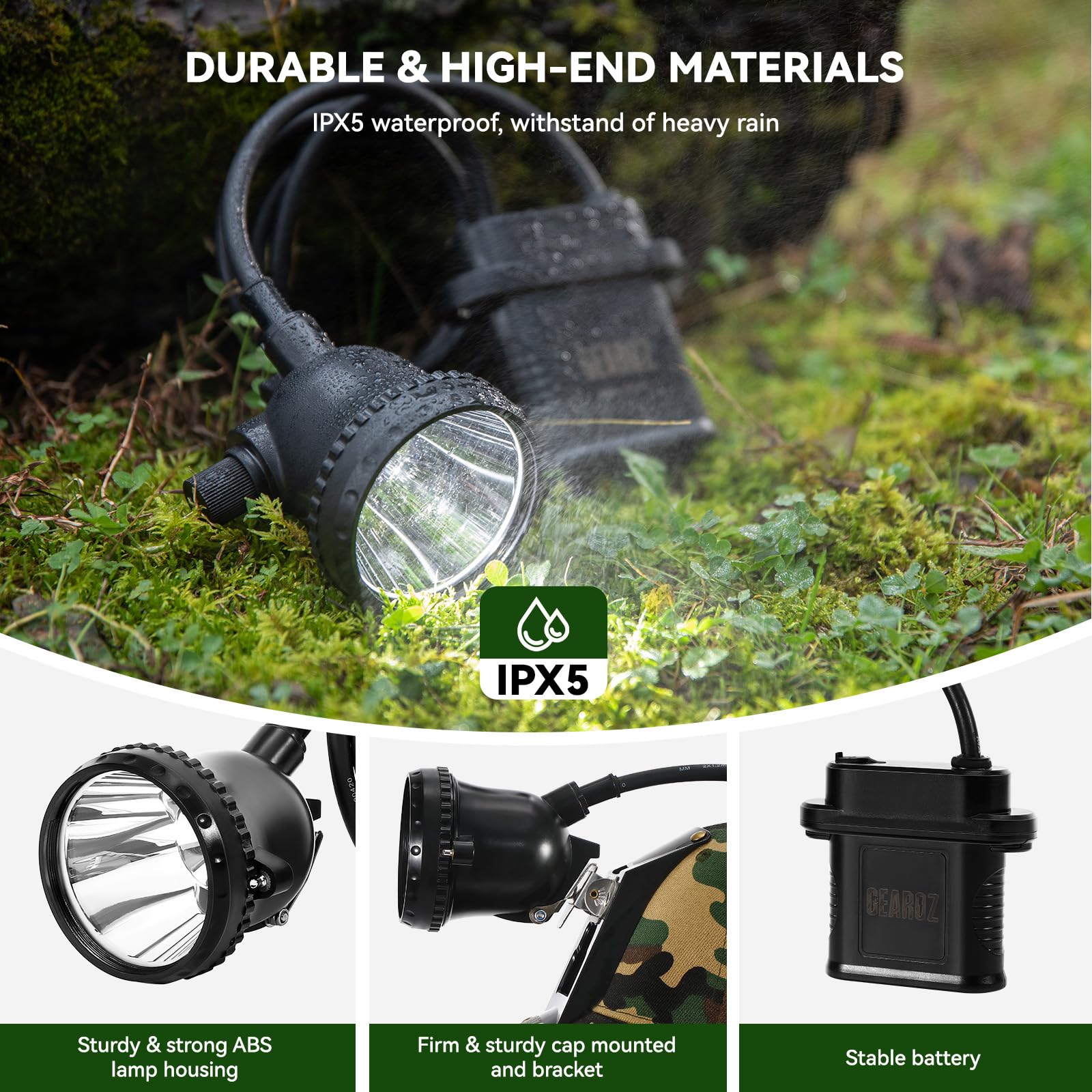 GearOZ IPX5 waterproof design withstands rain and rugged outdoor conditions.