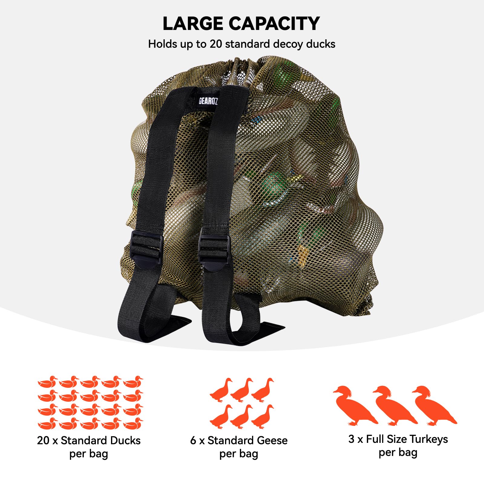 GearOZ Mesh Decoy Bag worn as backpack for hands-free field mobility.