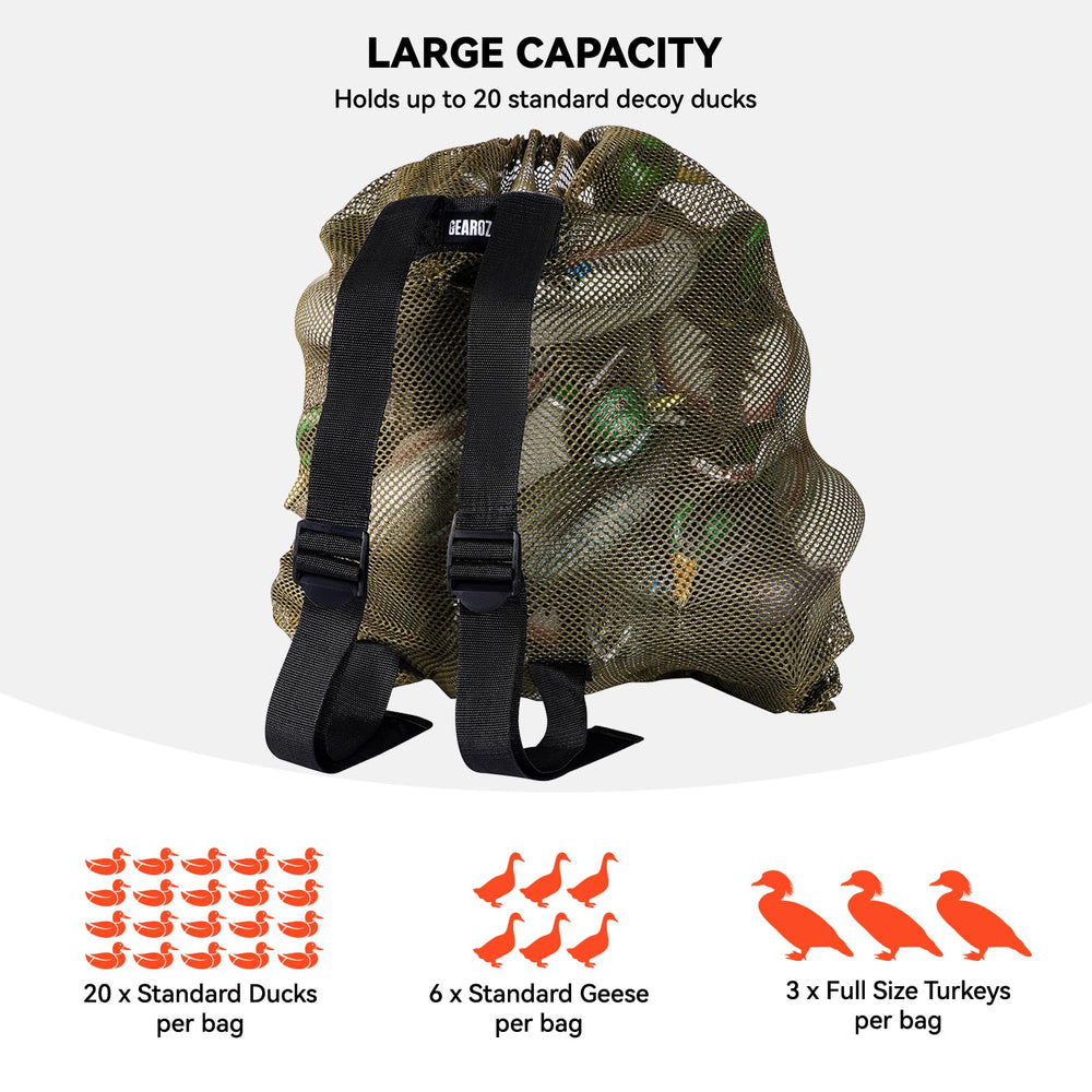 GearOZ Mesh Decoy Bag worn as backpack for hands-free field mobility.