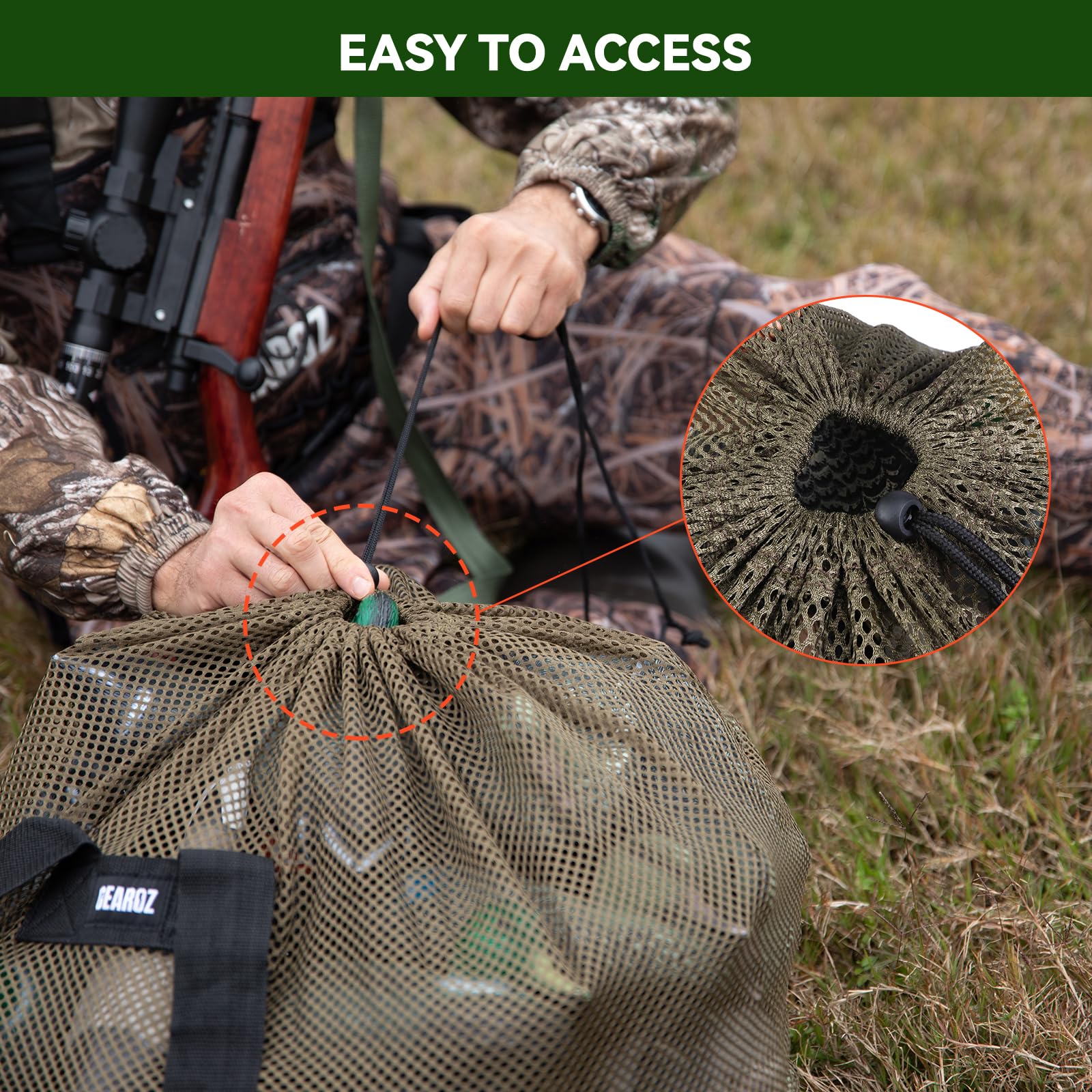 GearOZ Mesh Decoy Bag in olive-green camouflage blends with surroundings for stealth.