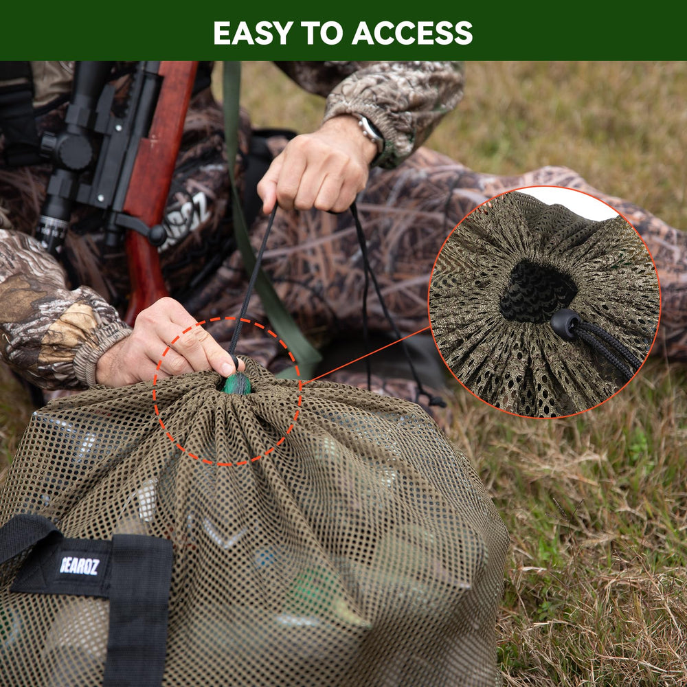 GearOZ Mesh Decoy Bag in olive-green camouflage blends with surroundings for stealth.