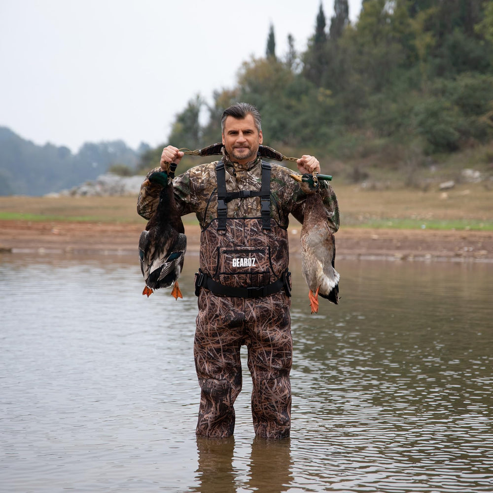 GearOZ neoprene waders with waterproof seams for complete moisture protection.