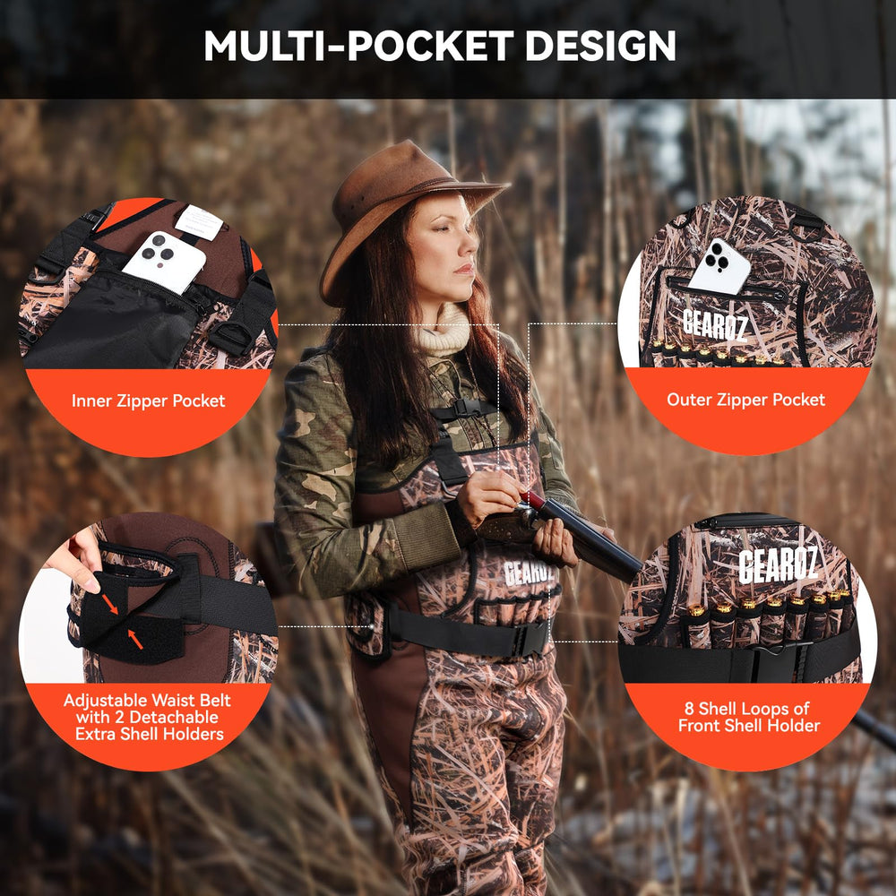 GearOZ waterfowl-waders-women chest pocket with quick-drain hole and zippers for gear