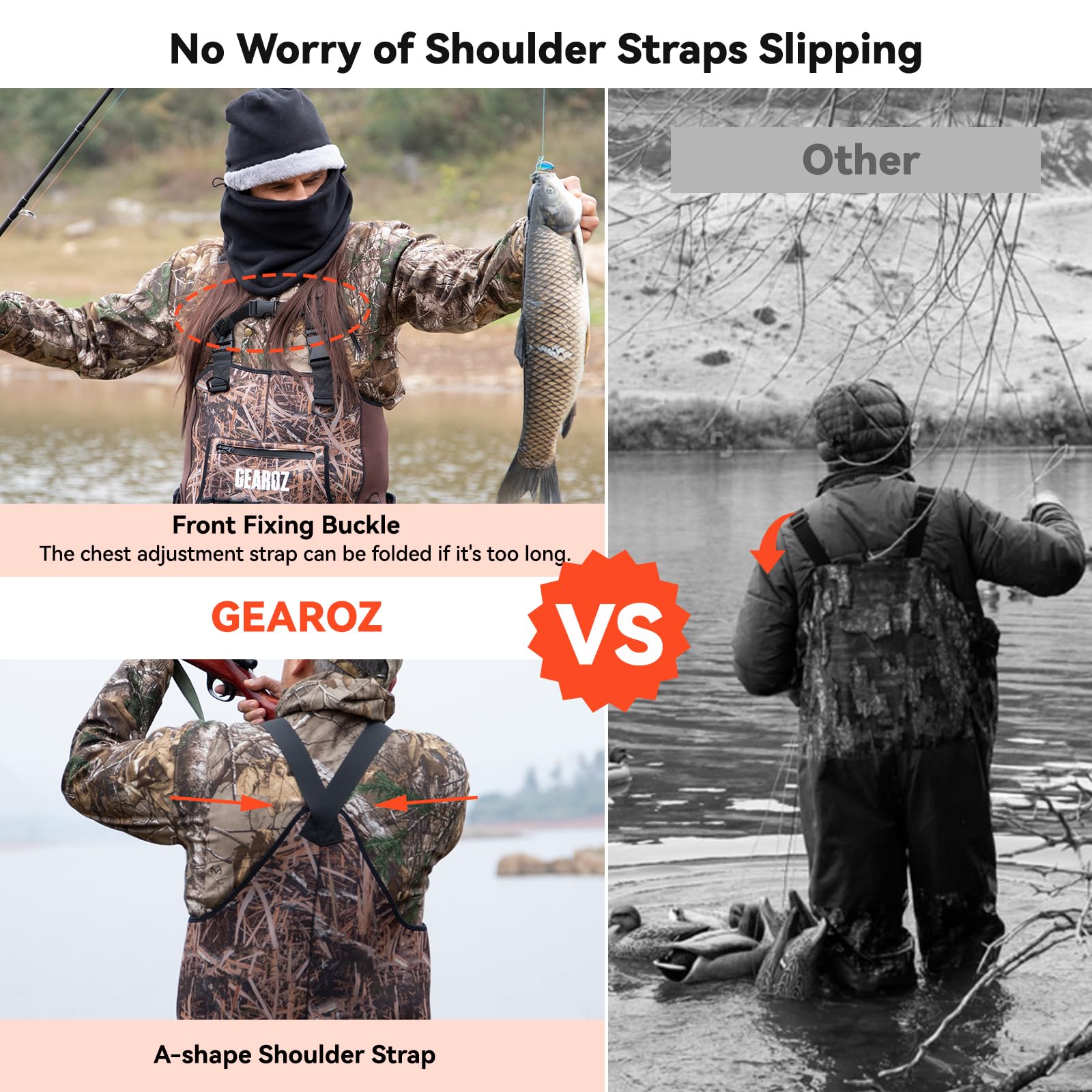 GearOZ waders adjustable shoulder straps and quick-release buckles for fit