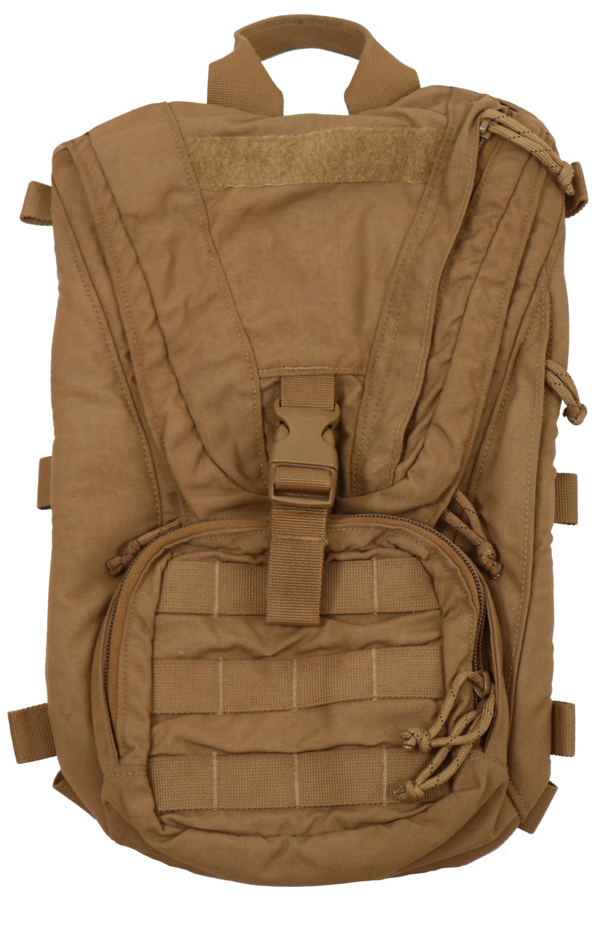 Gear Rack USGI FILBE coyote brown hydration pack carrier front view for durable field use.