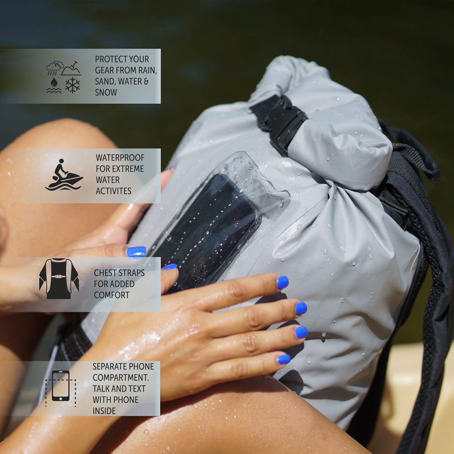 Geckobrands Hydroner 20L front pocket with bungee for quick-access essentials.
