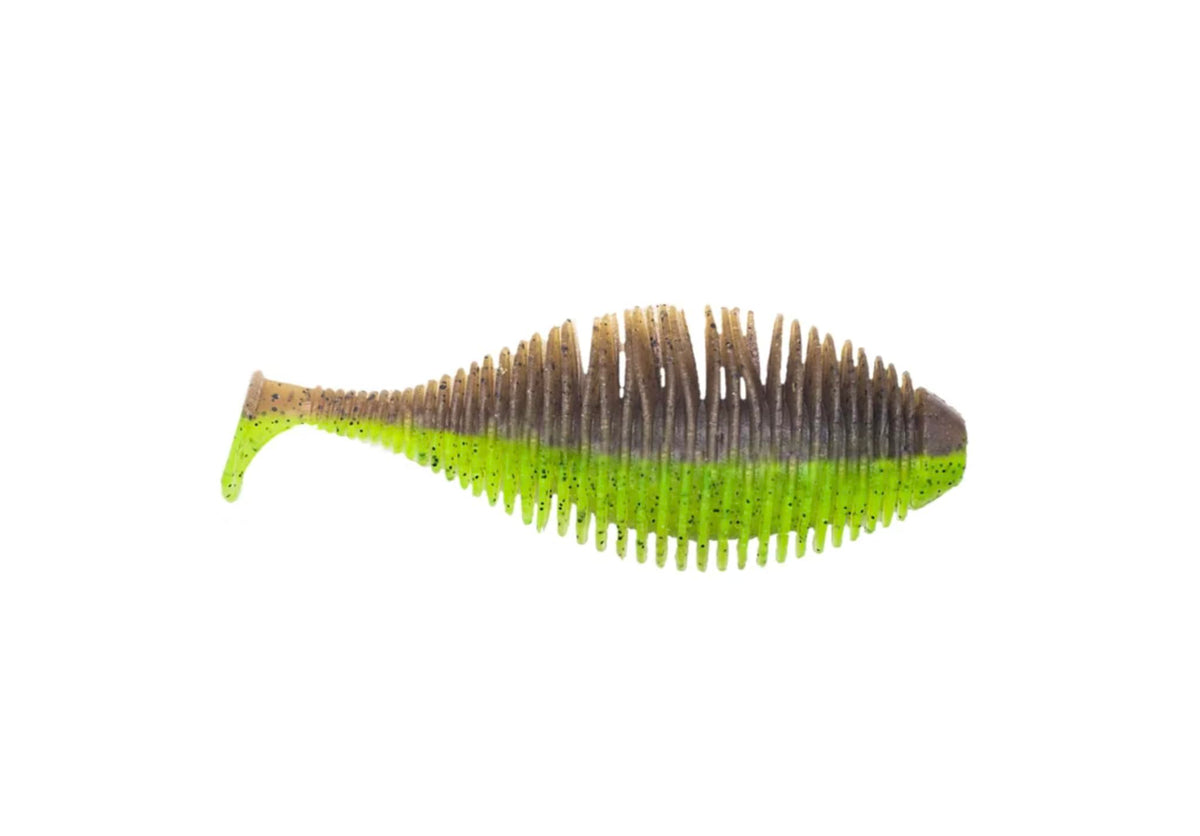Geecrack Bellows Gill Swimmer 4.2in green pumpkin chart, paddle-tail swimbait for lifelike movement.