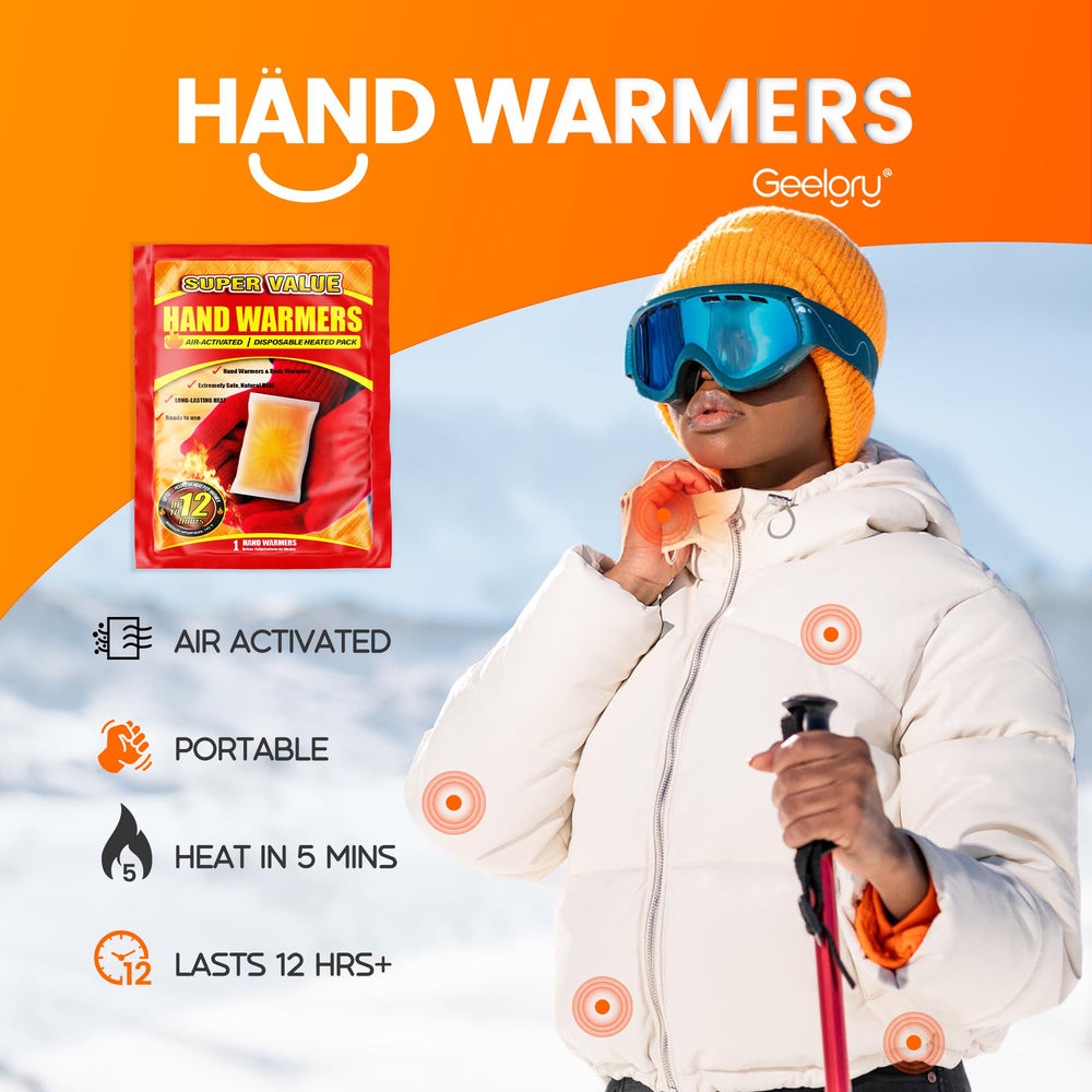 GEELGRY hand warmers 240-pack back view reveals contents and shelf-life info.
