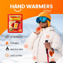 GEELGRY hand warmers 240-pack back view reveals contents and shelf-life info.