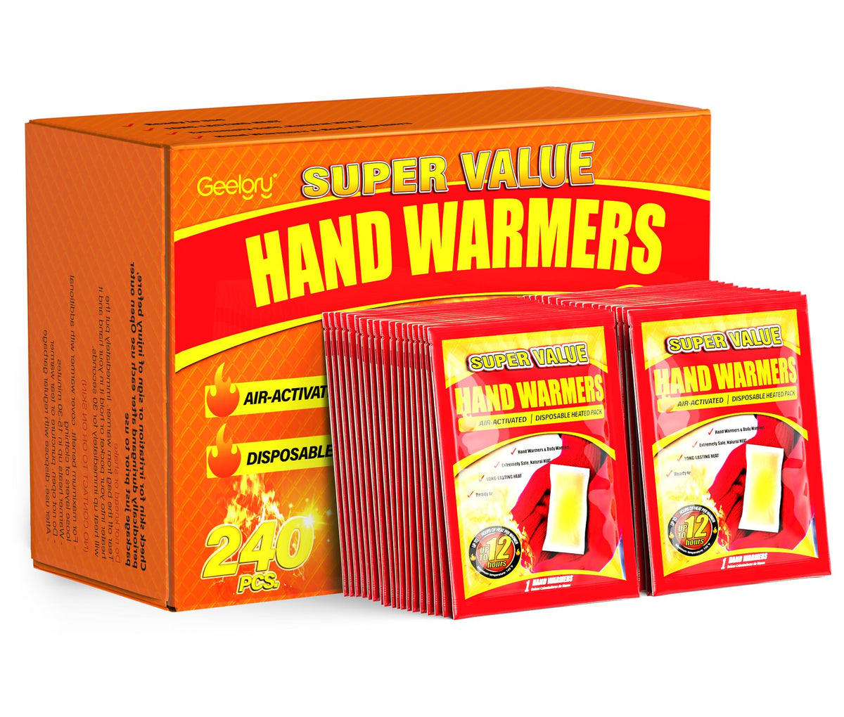 GEELGRY hand warmers 240-pack front view for bulk winter warmth.