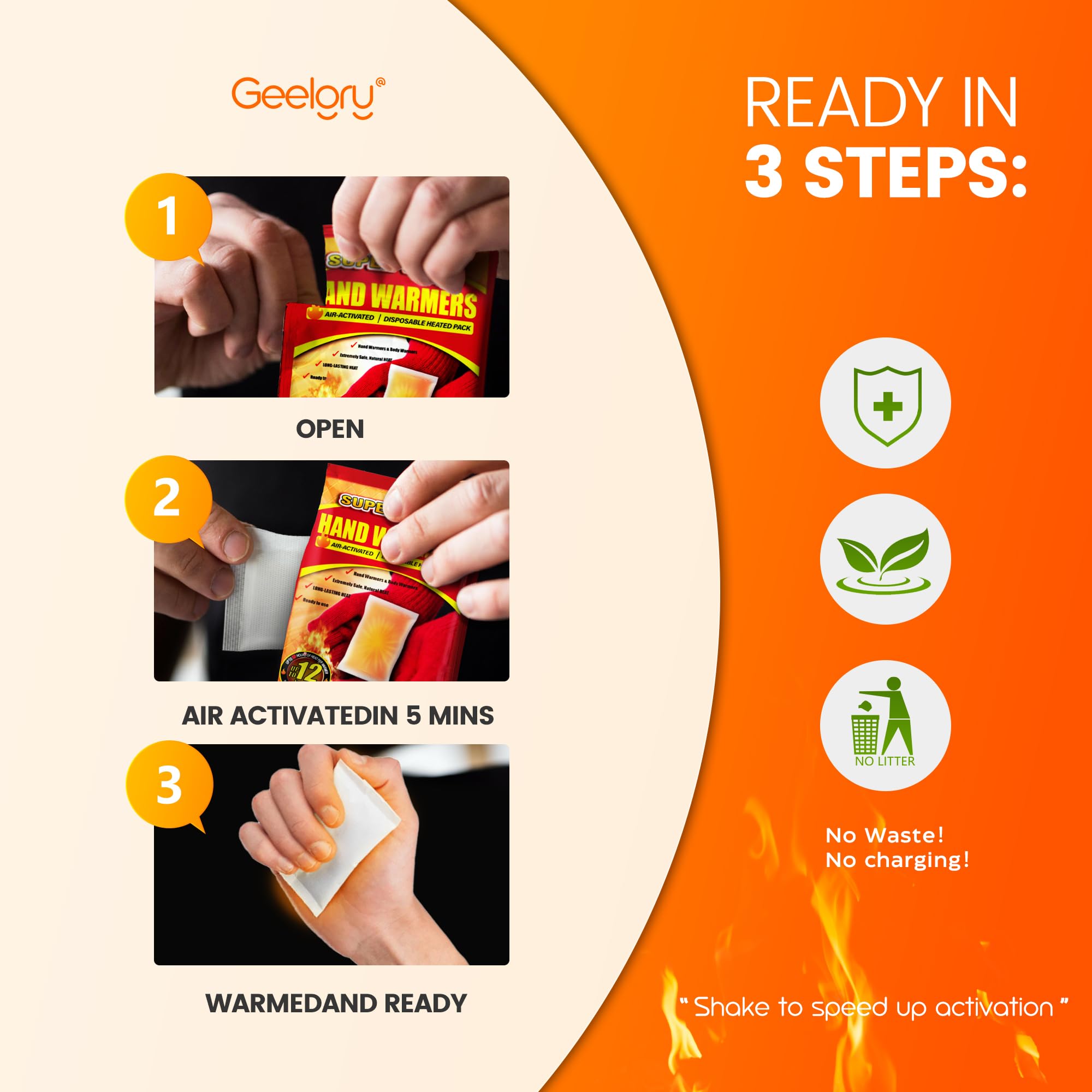 GEELGRY hand warmers activate via air exposure and begin heating in minutes.