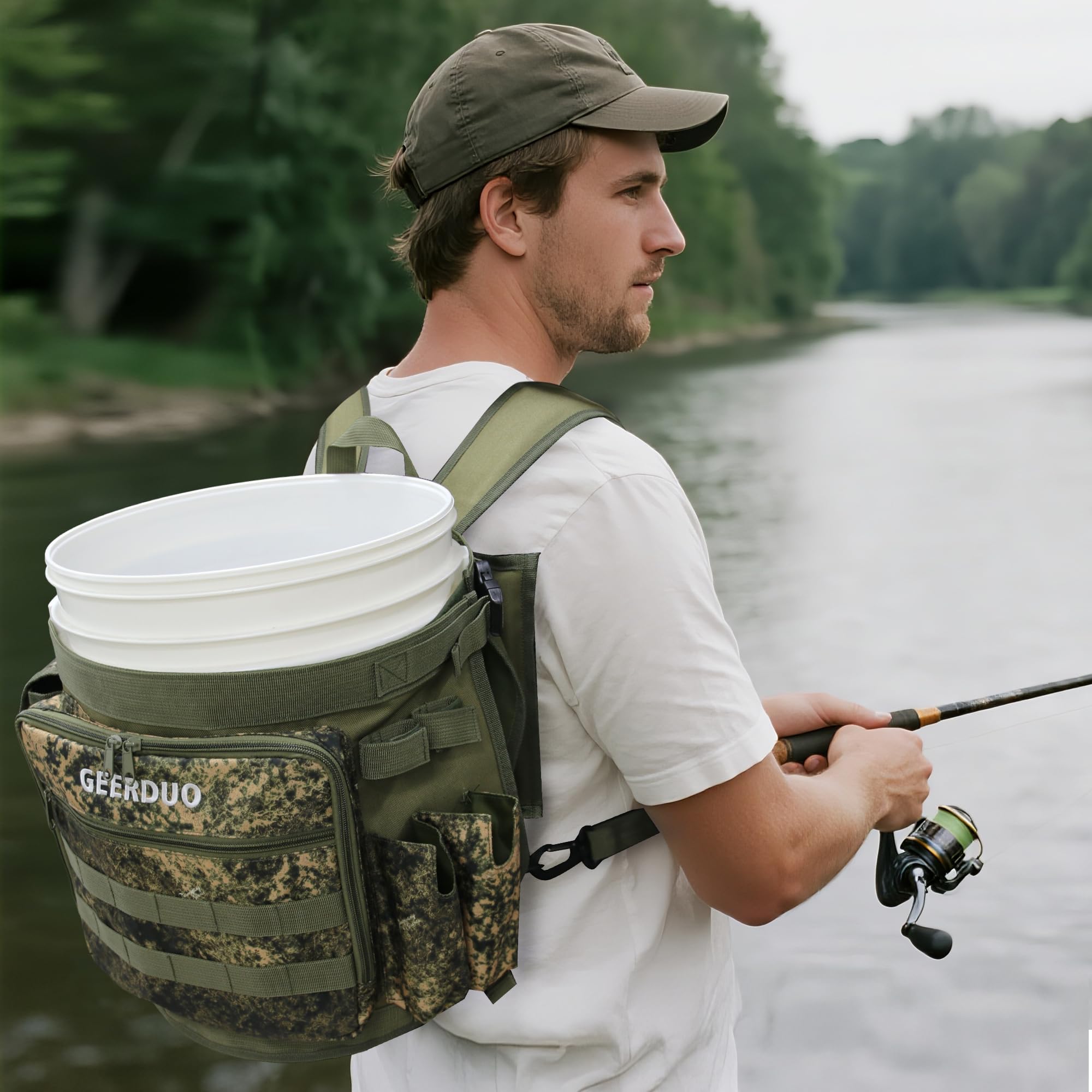 Backpack with rod and plier holders in camouflage
