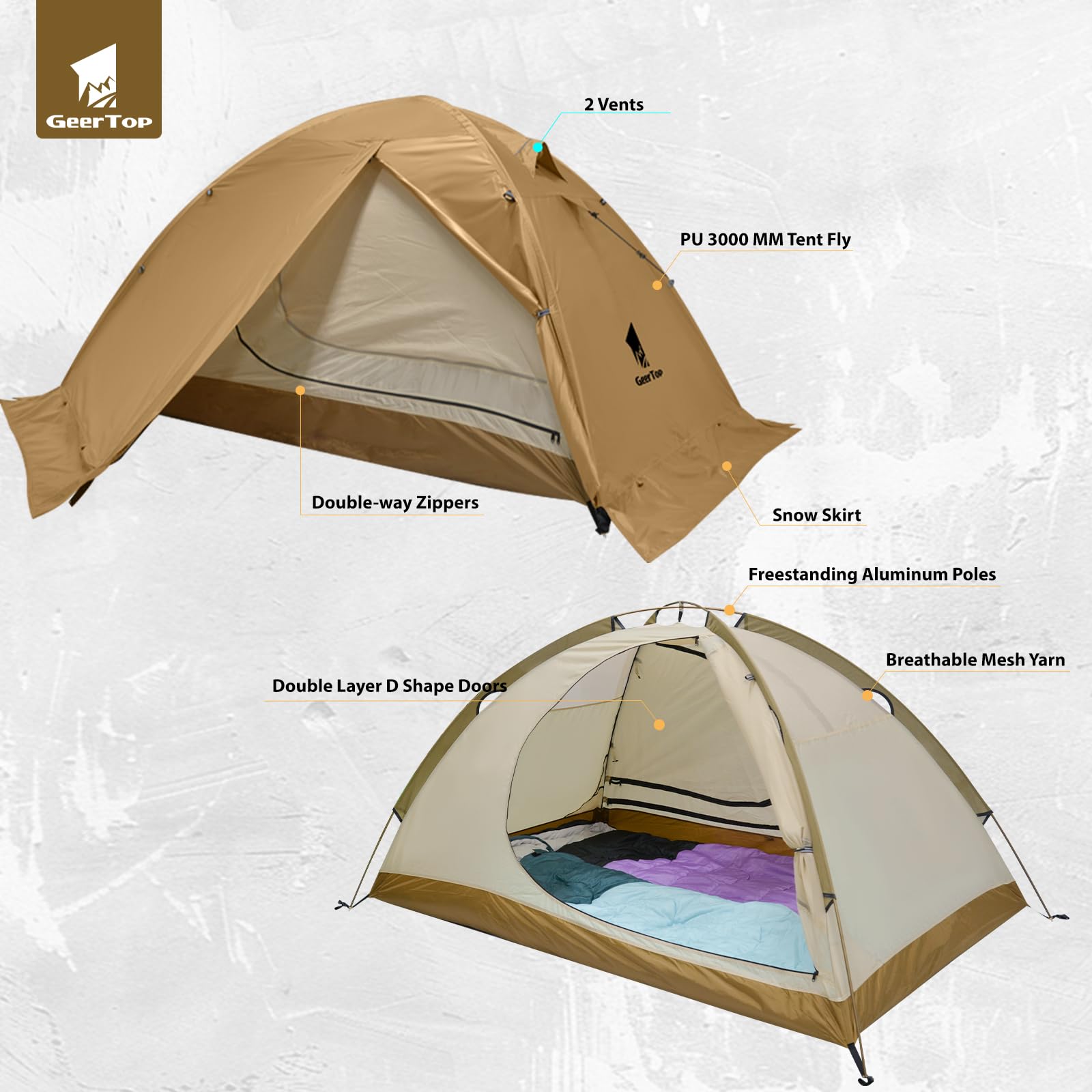 GEERTOP 2-person tent setup during day demonstrates quick freestanding pitch for beginners.