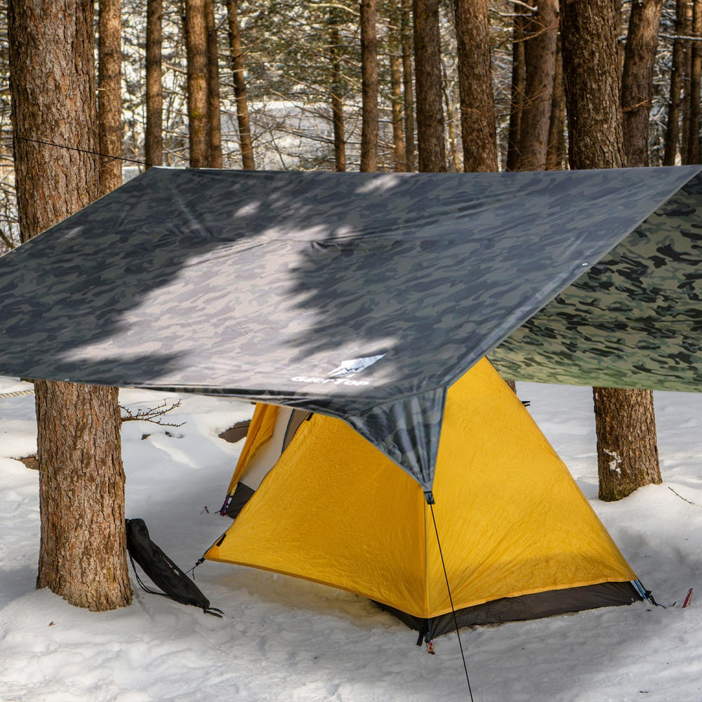Geertop camping tarp close-up highlights PU3000mm waterproofing and UV50+ protection