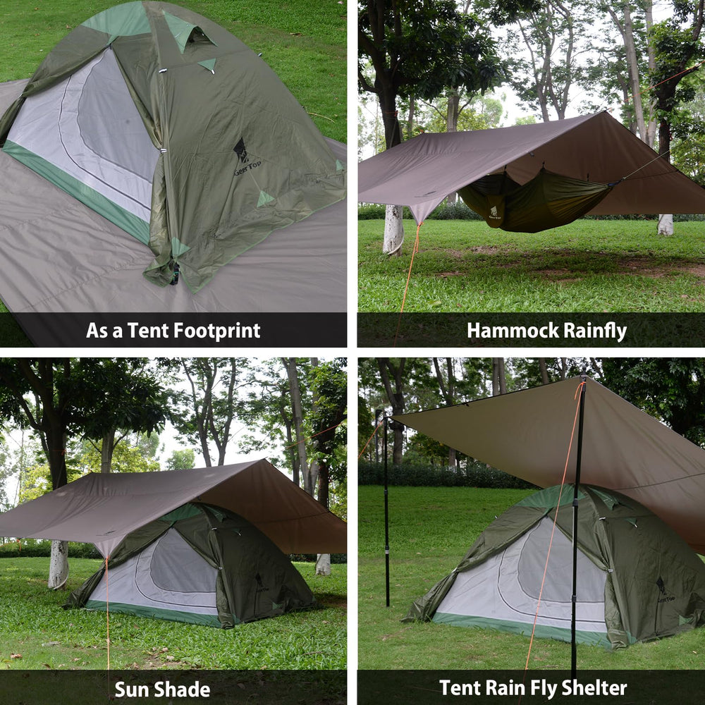 GEERTOP tarp setup-stakes-rope illustrates quick anchoring with reflective lines and aluminum stakes.
