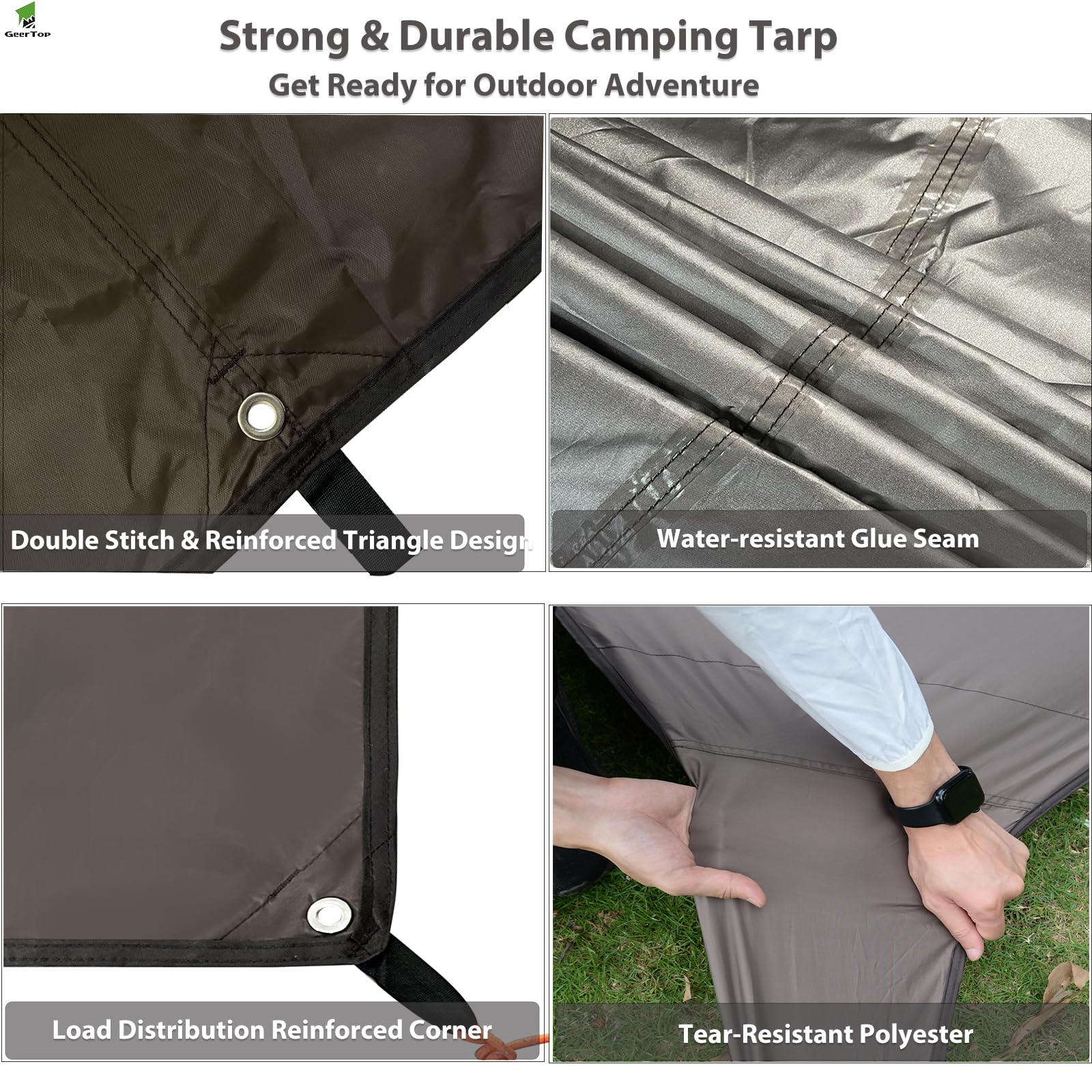 GEERTOP tarp UV-protection highlights UV50+ shielding for sunny outdoor days.
