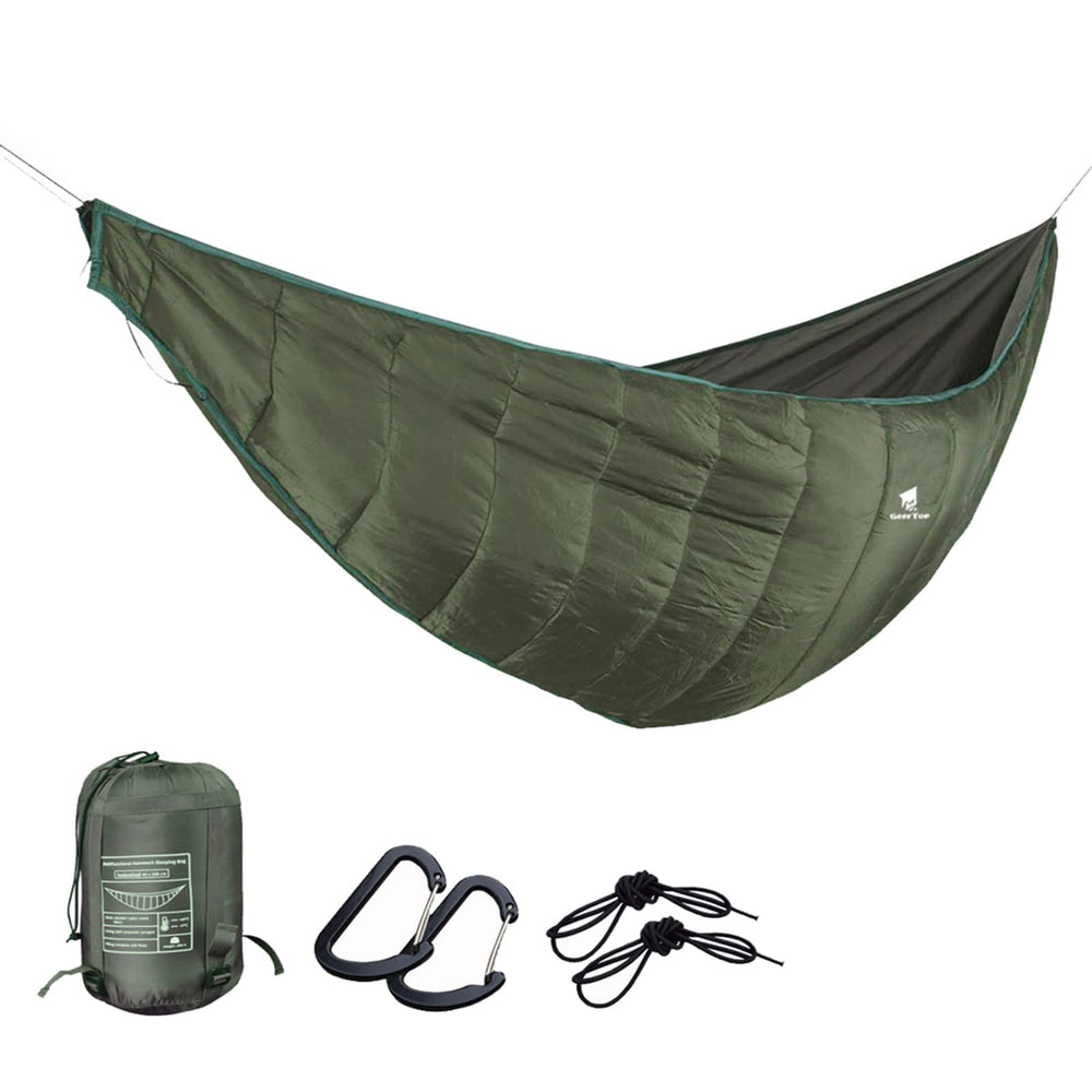 GEERTOP ultralight hammock underquilt with waterproof shell for dry camping.