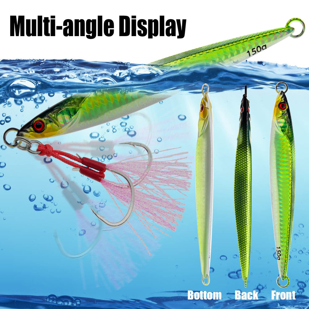 Three 150g saltwater jigs suitable for deep sea fishing