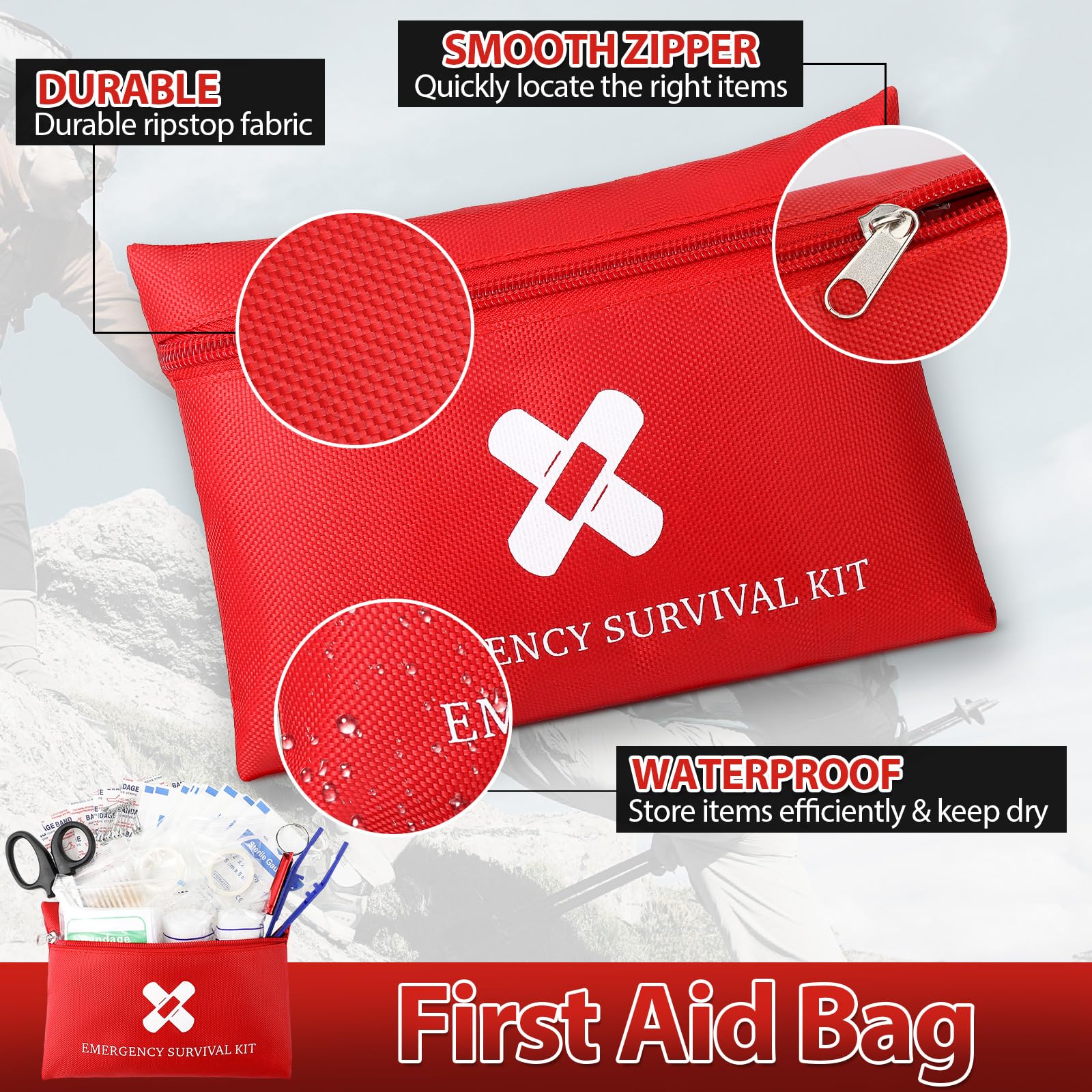 Geiserailie first-aid kit items collection showcases gauze, scissors, tweezers for versatile quick-response.