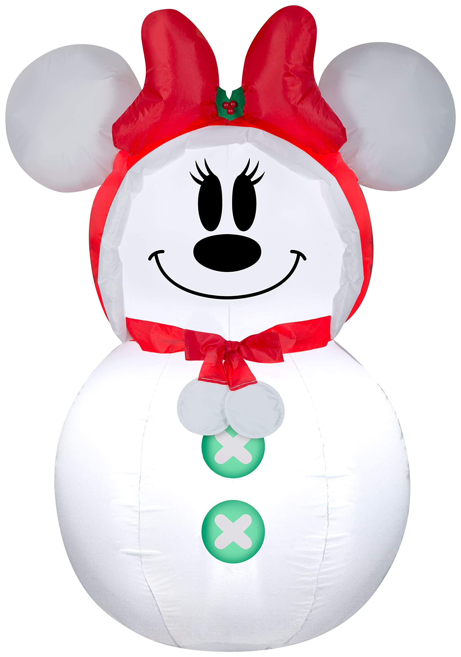 Gemmy Christmas Airblown Minnie Mouse Snowman inflatable, front view, bright LEDs illuminate outdoor decor