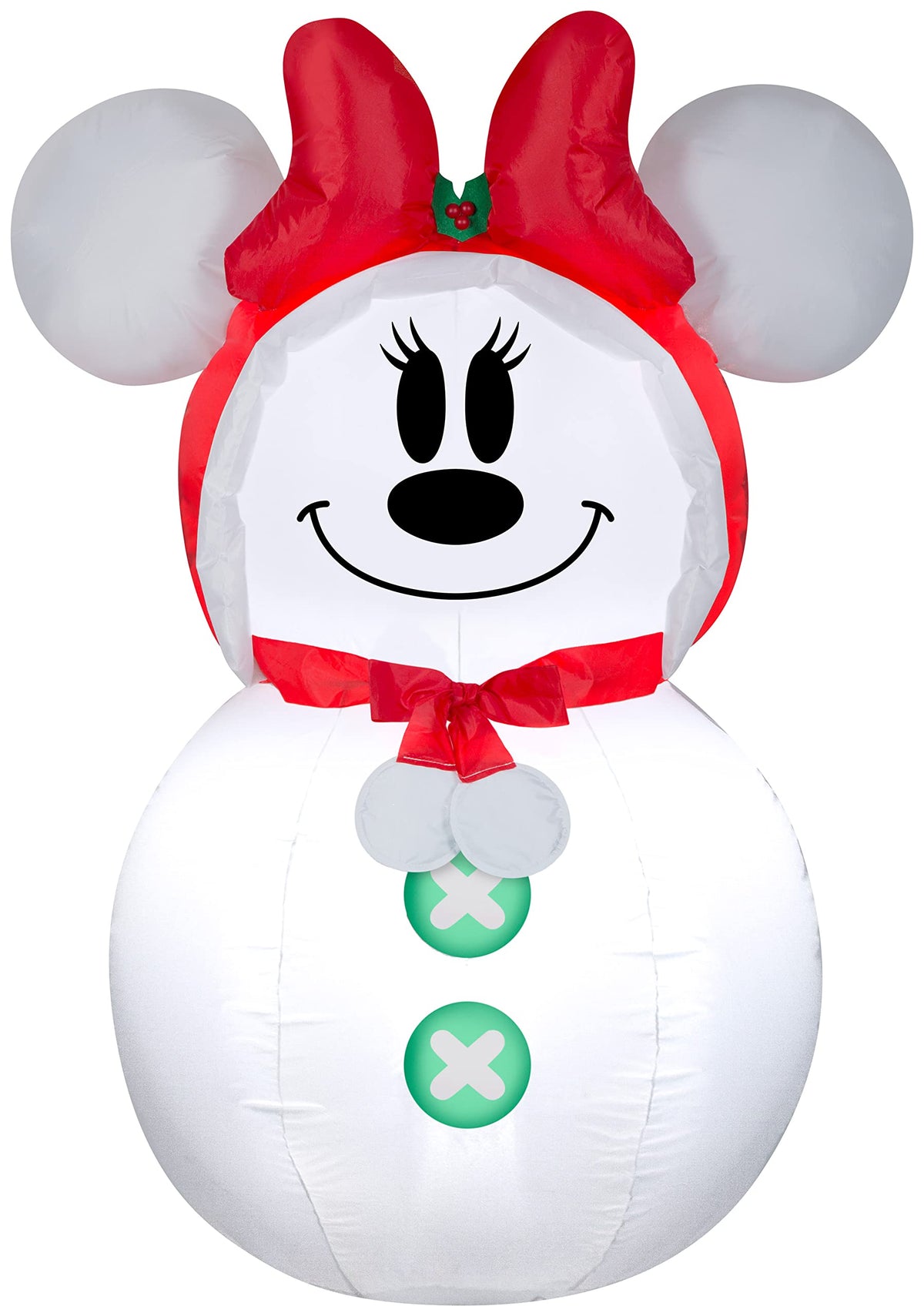 Gemmy Christmas Airblown Minnie Mouse Snowman inflatable, front view, bright LEDs illuminate outdoor decor