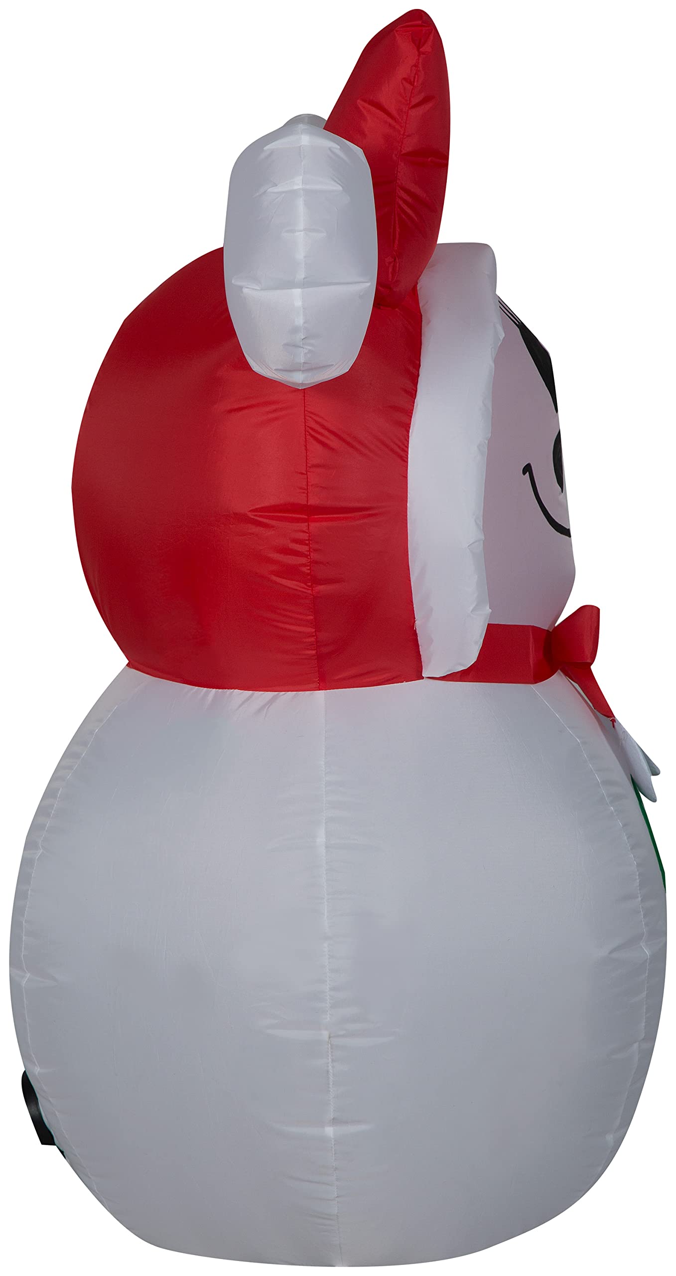 Gemmy Minnie Mouse Snowman inflatable lit at night, cheerful glow for porch or hallway