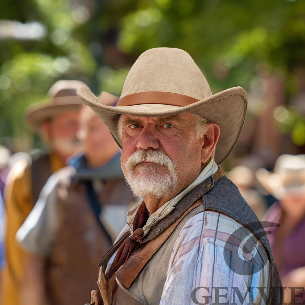 Model wearing GEMVIE suede cowboy hat outdoors