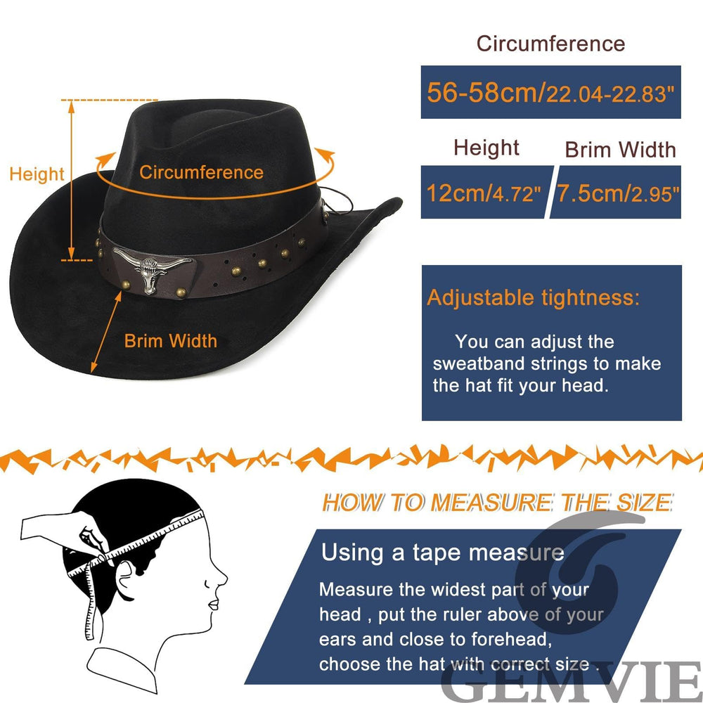 Full profile view of black GEMVIE cowboy hat