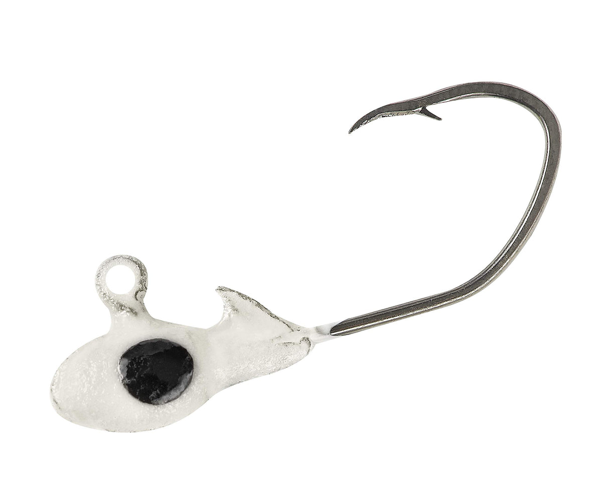 Gene Larew Crappie Pro Overbite Sickle Jig Ghost Glow 1/16 oz entices crappie in low light.