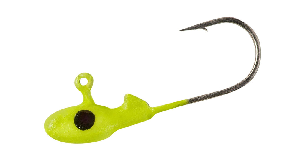 Gene Larew Crappie Pro Mo' Glo jig head glows chartreuse for crappie baits.