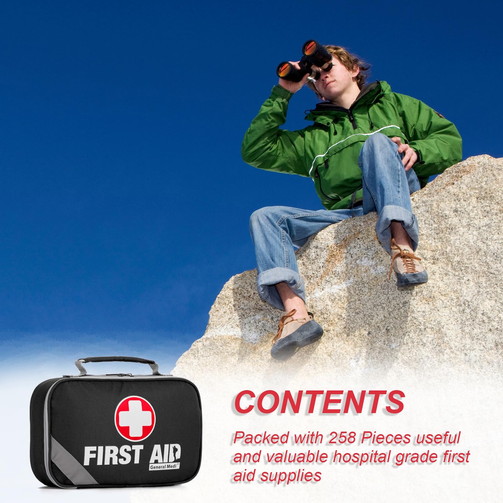 General Medi travel-ready first-aid kit in black pouch for vehicles and offices.