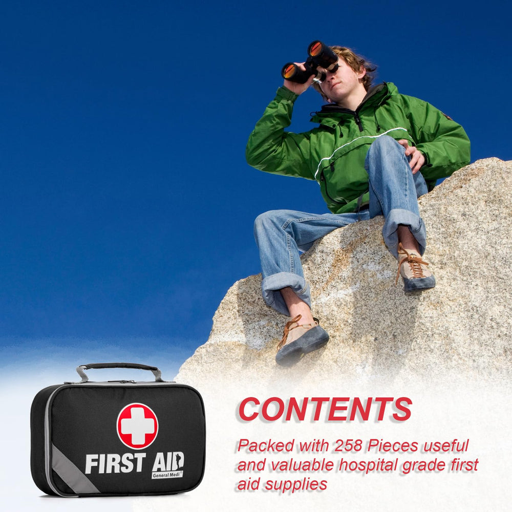 General Medi travel-ready first-aid kit in black pouch for vehicles and offices.