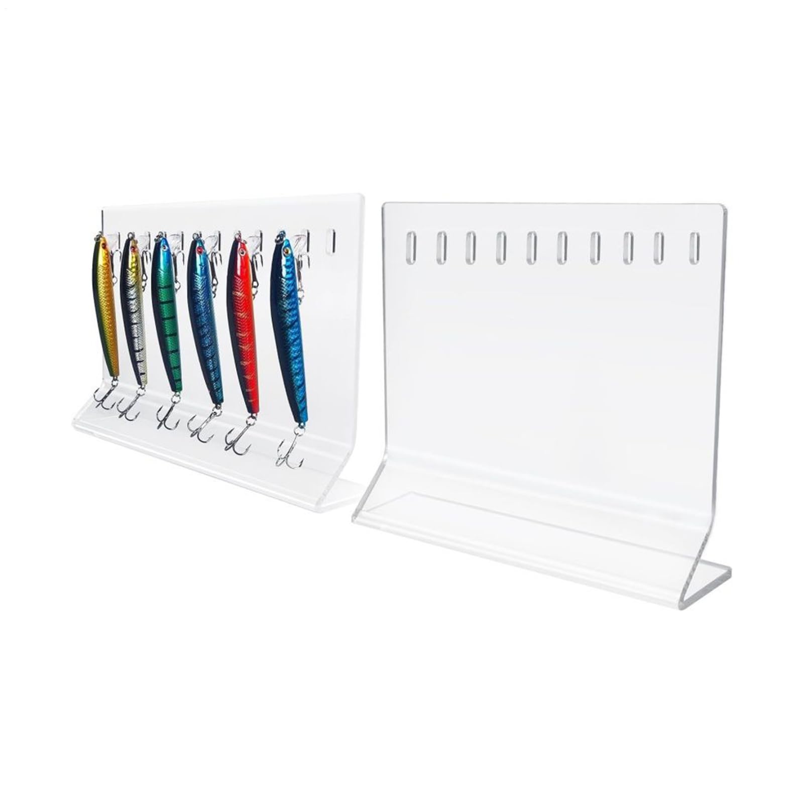 Generic 10-hole lure storage rack enables quick selection during weekend trips.
