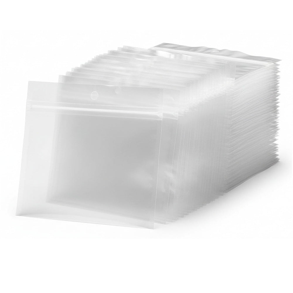 Generic 100-pack soft plastic bait bags with transparent zipper closeup showing quick lure access and storage.