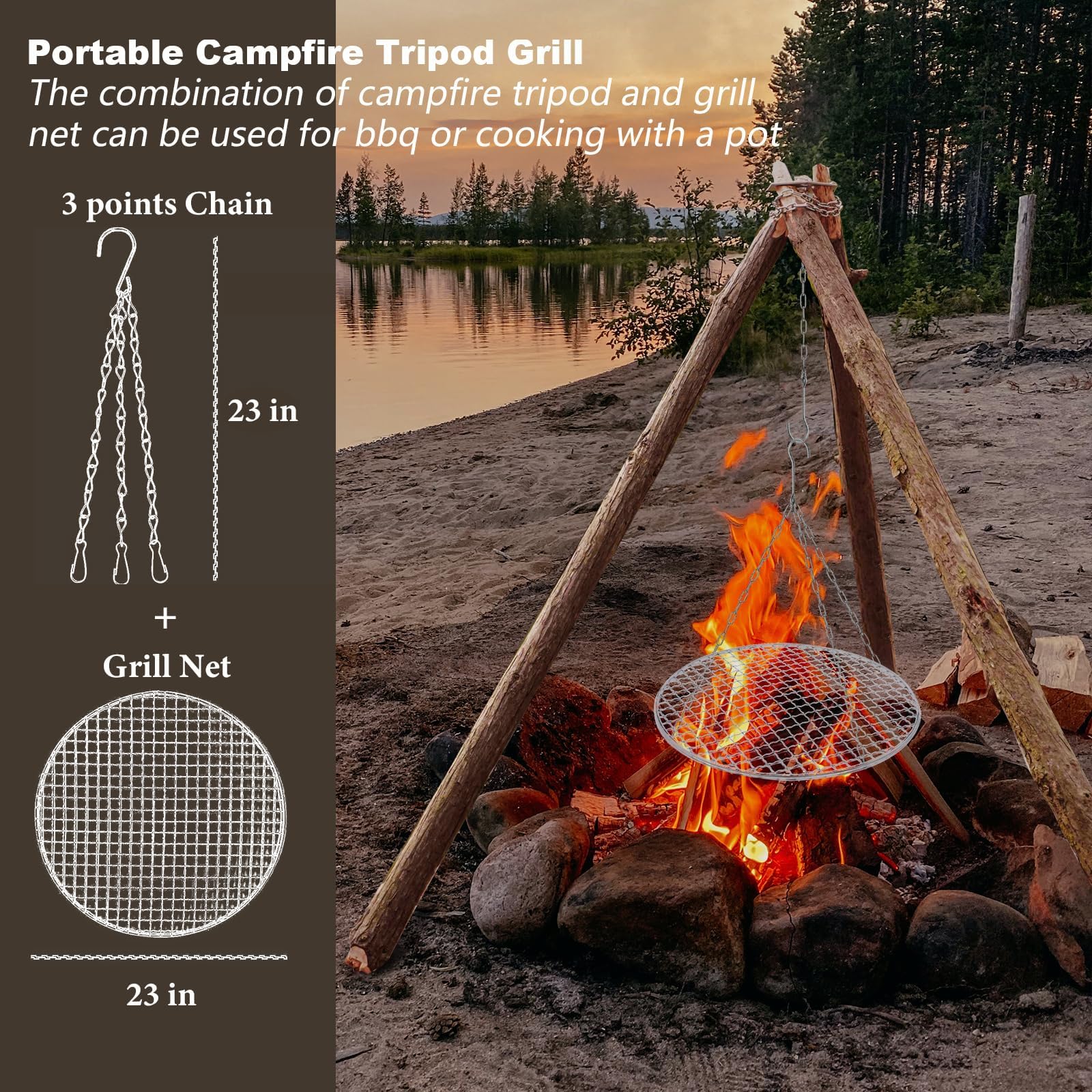Generic adjustable 3-points chain offers flexible cooking heights.