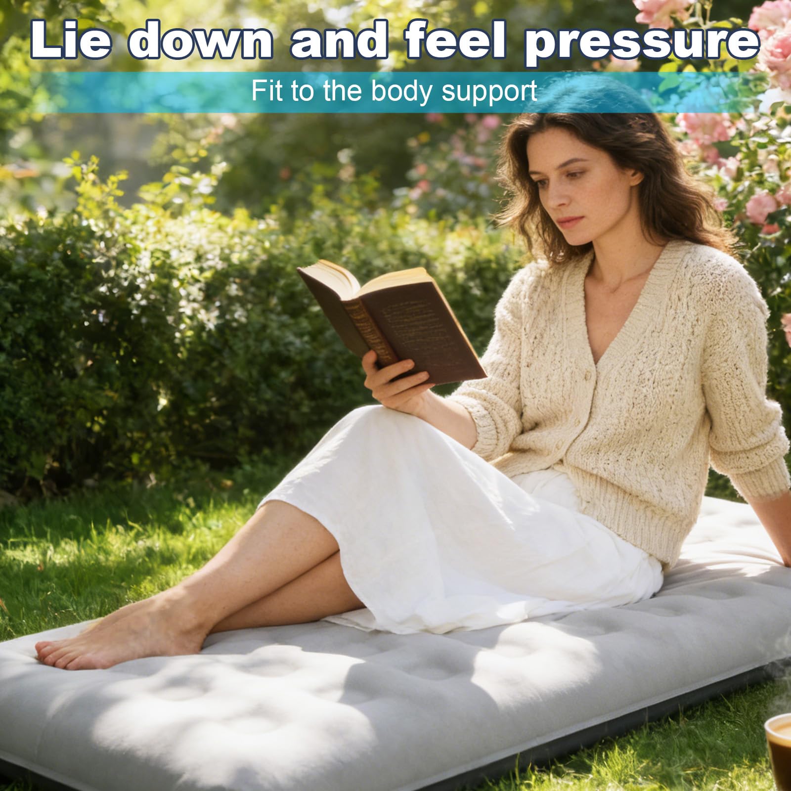 Generic grey air mattress blends with home or outdoors.