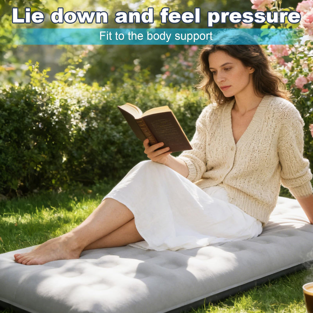 Generic grey air mattress blends with home or outdoors.