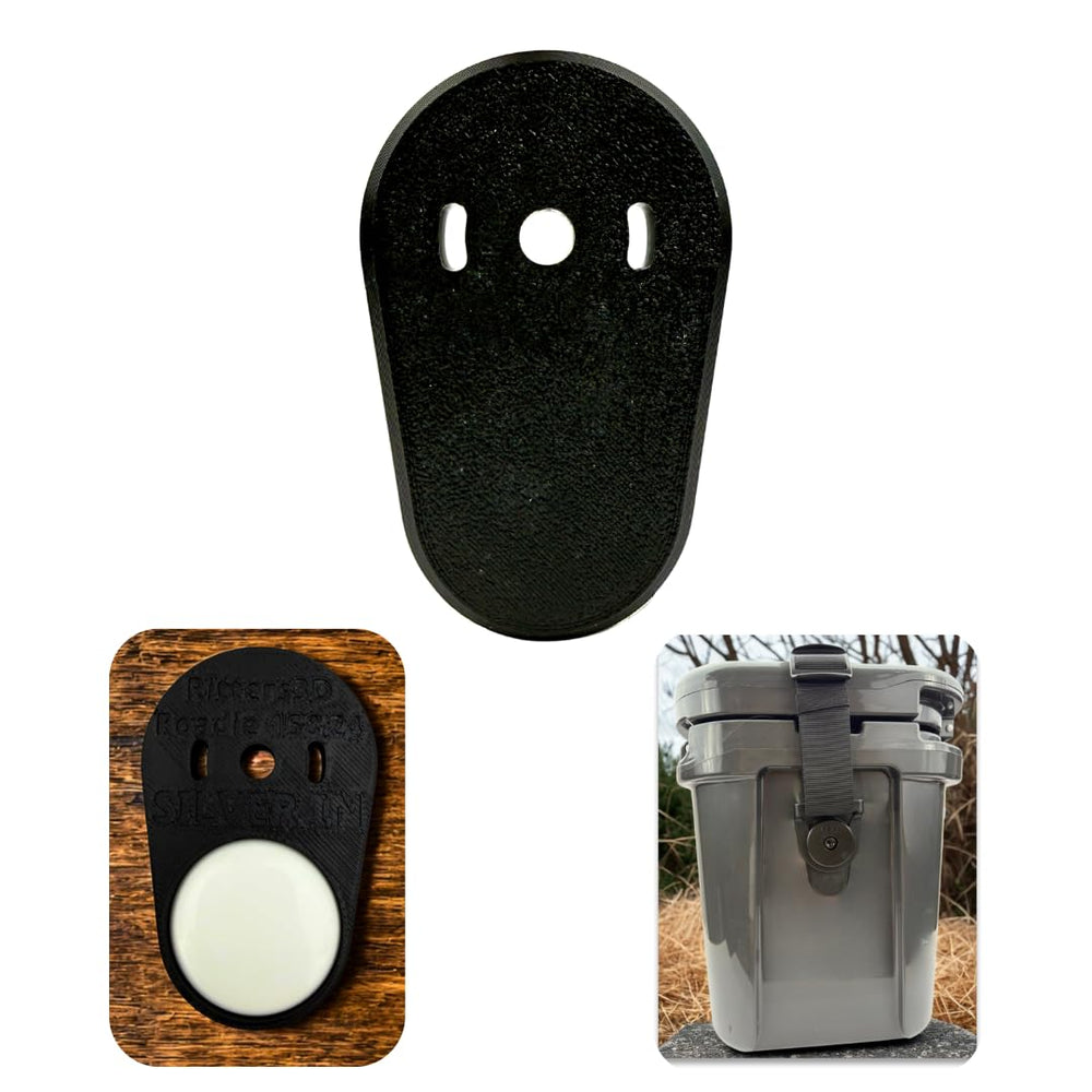 Generic AirTag Holder for YETI Roadie showing hidden side-mount beneath strap for discreet tracking